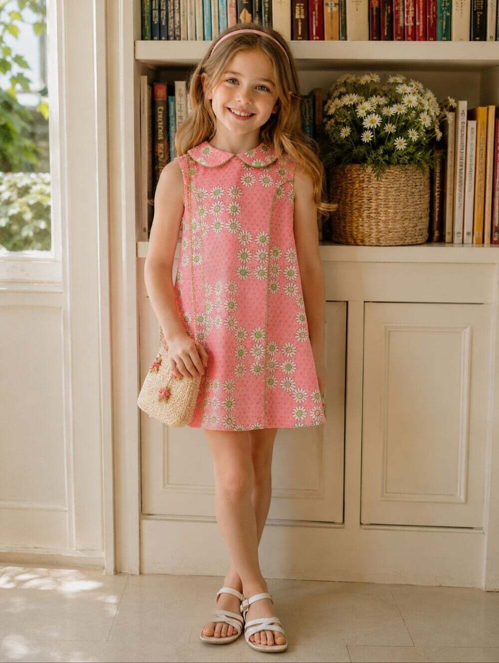Vintage 70s Girls Pink Daisy Peter Pan Collar Mod Dress Size 6/7